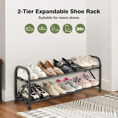 2-Tier Shoe Rack for Closet, 16"-32" Expandable Shoe Rack, Adjustable for Entryway Closet Doorway Sturdy Metal, Black - color: 2 Layers and 6 Tubes