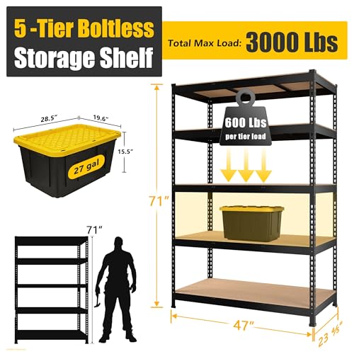 PrimeZone 47" W x 23.6" D x 71" H Large Heavy Duty Storage Shelves - 5 Tier Adjustable Garage Storage Shelving, Metal Storage Utility Rack Shelf Unit for Warehouse Pantry Closet Kitchen, Black - size: 47"W x 23.6"D x 71"H