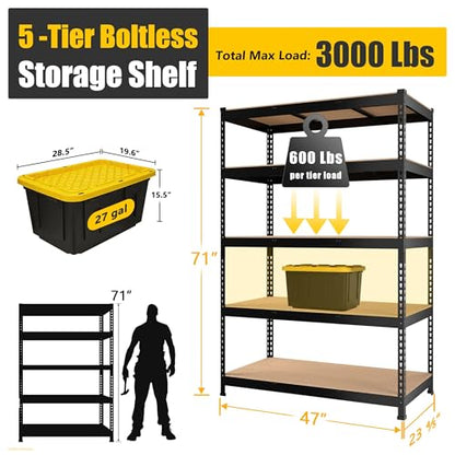 PrimeZone 47" W x 23.6" D x 71" H Large Heavy Duty Storage Shelves - 5 Tier Adjustable Garage Storage Shelving, Metal Storage Utility Rack Shelf Unit for Warehouse Pantry Closet Kitchen, Black - size: 47"W x 23.6"D x 71"H