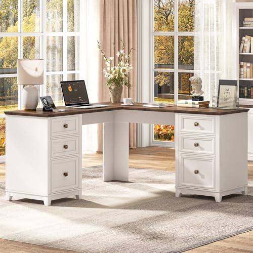 Vabches Farmhouse L Shaped Executive Desk with 6 Drawers, 59’’ Wood Home Office Desk with File Cabinet, Writing Corner Computer Desk for Home Office, Work, Study, White and Brown - color: Farmhouse White and Brown