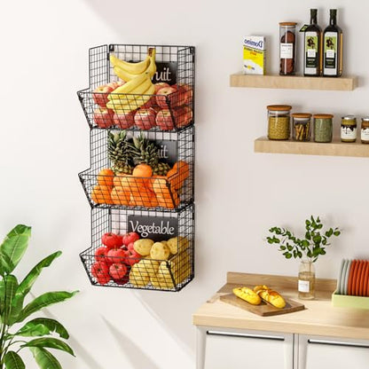 X-cosrack Metal Wire Basket Wall Mount, 3 Tier Wall Storage Basket Organizer with Hanging Hooks Chalkboards, Rustic Kitchen Fruit Produce Bin Rack Bathroom Tower Baskets (Black) - color: Black-3 Tiers