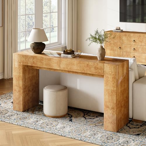 AMERLIFE 63" Burl Wood Console Table, Modern High Gloss Entryway Table with 2 Storage Drawers, Long Sofa Table Behind the Couch for Entrance, Hallway, Foyer, Living Room, Natural - color: Natural