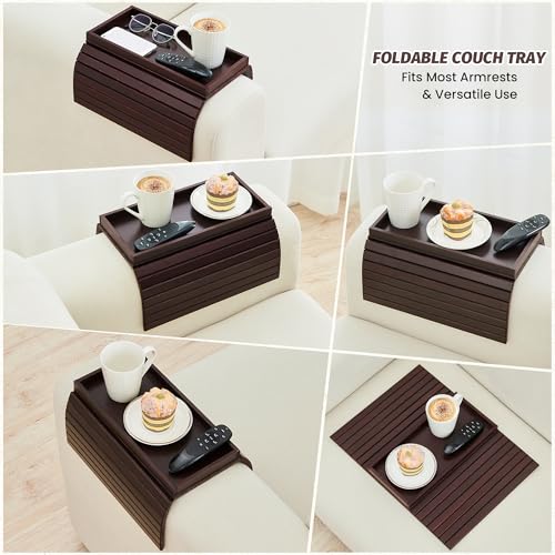 GEHE Bamboo Sofa Arm Tray, Foldable Couch Arm Tray Side Table, Anti-Falling Armrest Tables Cup Holder for Snacks, Drinks, Beers, Phone, Control, Flexible and Portable, Anti-Slip - color: Mahogany