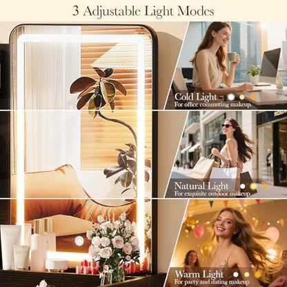 Memobarco Small Vanity Desk with Mirror and Lights, Makeup Vanity with Drawer & Storage Shelves, Vanity Desk with 3 Lighting Modes & Adjustable Brightness, Dressing Table for Women Girls, Black - color: Black