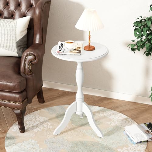 HLR Round Small End Table, Wooden Pedestal Side Tables for Small Spaces | Vintage Accent Nightstand, Coffee Drink Table with Turned Leg for Living Room, Bedroom, Entryway, Hallyway - color: Solid White
