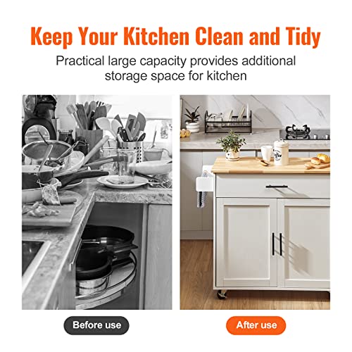 VEVOR Kitchen Island Cart with Solid Wood Top, 35.4" Width Mobile Carts with Storage Cabinet, Rolling Kitchen Table with Spice Rack, Towel Rack, Drop Leaf and Drawer, Portable Islands on Wheels, White - size: 35.4" W Drop Leaf, style: 1 Drawers & 2 Doors