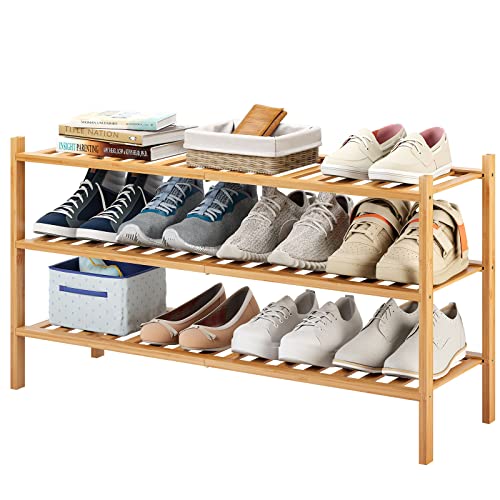 Long Shoe Rack, 3-Tier Bamboo Stackable Shoe Shelf Storage Organizer, Shoe Stand for Closet, Entryway and Hallway - color: Natural, size: 3-Tier-Long