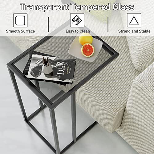 C Table Glass End Table, Couch Side Table, Tempered Glass Snack Side Table with Metal Frame, TV Tray Table for Small Space, Sofa Couch Side Tableand Bed Side Table(Black) - color: Black