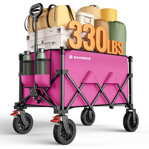 180L Wagons Carts Foldable with Wheels and Brakes for Camping Grocery | 330lbs Capacity Collapsible Foldable Wagon, All-Terrain Wheels,Heavy Duty Utility Wagon Cart for Camping Shopping Sports - color: Pink, size: 180l