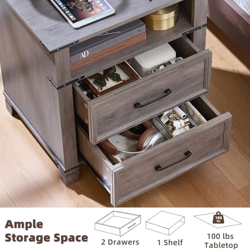 22" Farmhouse Nightstand Set of 2 with Charging Station,End Table with 2 Drawers,Rustic Wood Dresser for Bedroom,Bed Side Table Chest of Drawers Cabinet,Night Stand for Living Room,Grey - color: Grey