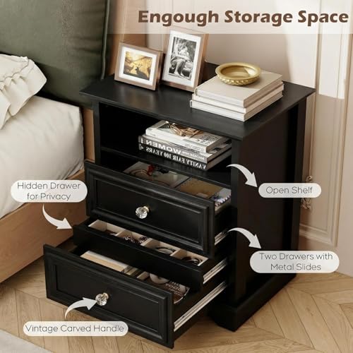 Brafab Bedside Table Set of 2 with Hidden Drawer, 25" Tall | Black Night Stand with 2 Drawers and Open Shelf, Classic Wood Night Stands with Secret Storage for Bedroom, Guest Room - color: Black