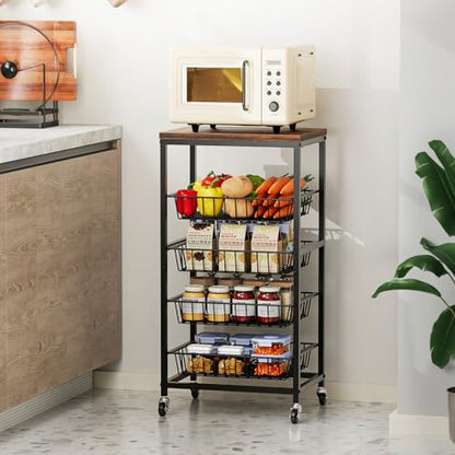 Fruit Vegetable Cart, 4-Tier Snack & Kitchen Cart on Wheels with Storage, Pull-Out Baskets & Wood Top, Rolling Organizer for Pantry, Living Room (Brown) - color: Brown