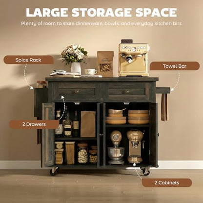 HOMCOM Kitchen Island Cart with Solid Wood Top, 44" Mobile Kitchen Island Table on Wheels with Storage Cabinets, 2 Drawers, Adjustable Shelves, Spice Rack & Towel Bar for Dining Room, Brown Oak - color: Brown Oak
