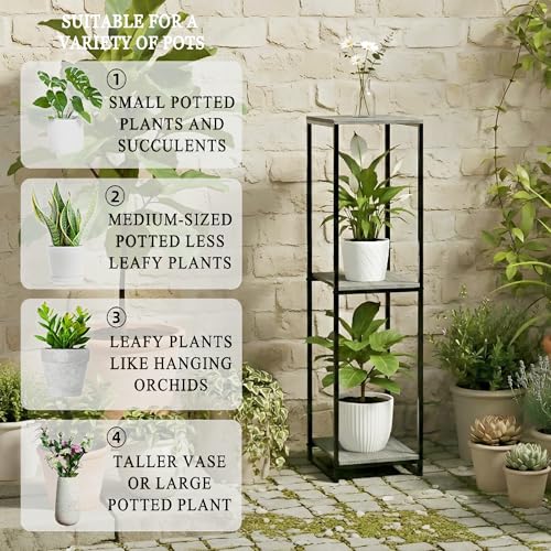 46" Tall 3-Tier Corner Plant Stand Indoor, Oak Grey | Functions as Flower Pots, Shelf, Decor Rack, Holder; Metal Frame with MDF Boards; for Living Room, Balcony; Modern Design