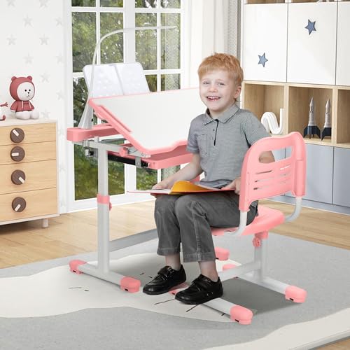 Rengue Kids Desk and Chair Set, Height Adjustable Children School Functional Study Desk with 55° Tiltable Desktop, 3 Modes & Brightness LED Light, Storage Drawer & Metal Hook for Boys Girls (Pink) - color: Pink