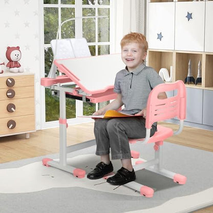 Rengue Kids Desk and Chair Set, Height Adjustable Children School Functional Study Desk with 55° Tiltable Desktop, 3 Modes & Brightness LED Light, Storage Drawer & Metal Hook for Boys Girls (Pink) - color: Pink