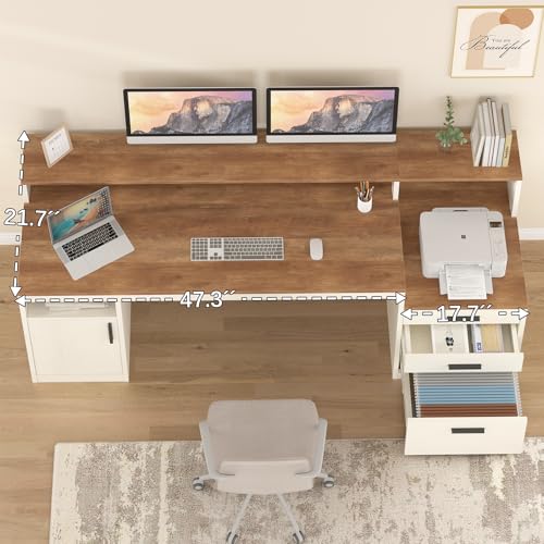 YOMILUVE 65 Inch Computer Desk with 3 Drawers & Storage Shelves, Executive Desk with File Drawer & Cabinet, Home Office Desk with Long Monitor Stand & Printer Shelf, Antique White - color: Antique White