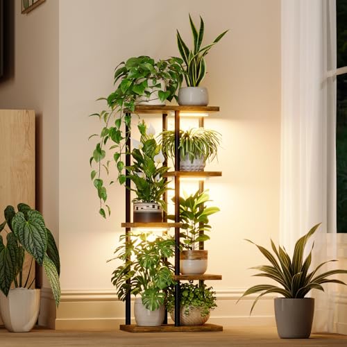 Bamworld Indoor Plant Stand with Grow Light Corner 5Tier Metal Plant Shelf Wood Flower Stand for Home Living Room Decor Patio Decor - style: 5 Tier,Square