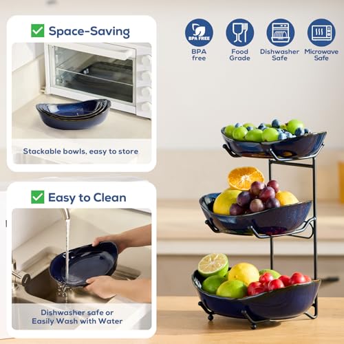 DUJUST 3 Tier Fruit Bowl, Kiln Altered Glaze Ceramic Fruit Stand, Stackable & Easy to Store, Multifunctional Serving Tray for Fruit/Vegetables/Snacks, Microwave & Dishwasher Safe - Dark Blue - color: 3-Tier Dark Blue