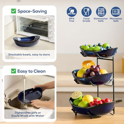DUJUST 3 Tier Fruit Bowl, Kiln Altered Glaze Ceramic Fruit Stand, Stackable & Easy to Store, Multifunctional Serving Tray for Fruit/Vegetables/Snacks, Microwave & Dishwasher Safe - Dark Blue - color: 3-Tier Dark Blue