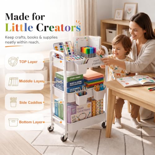 3 Tier Heavy Duty Rolling Cart Metal with Wheels, White Three Tiered roller Shelf Carts on Wheels, Utility Storage Shelves Organizer for Kitchen, Bedside, Laundry, Snack, Craft, Art, Pantry, Nail - color: White