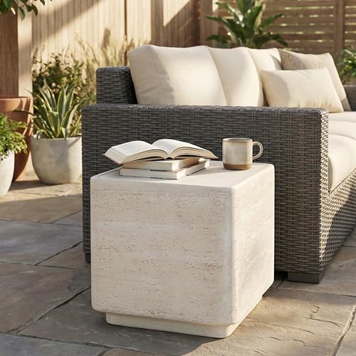 Christopher Knight Home Zax Lightweight MGO Outdoor Side Table, Square Accent Table with Stone-Like Texture, Weather Resistant Small End Table for Indoor/Outdoor Usage, No Assembly, Beige Travertine