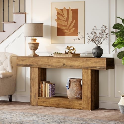Tribesigns 63-Inch Long Console Table, 2-Tier Entryway Table Sofa Table with Storage, Farmhouse Wood Behind Couch Table for Living Room, Hallway, Rustic Brown - color: Rustic Brown
