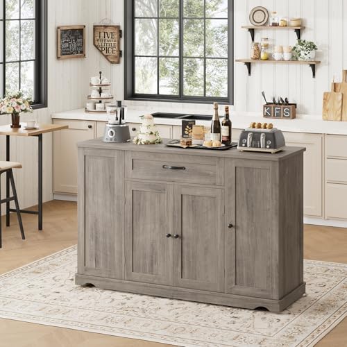HOSTACK Kitchen Island Cart with Storage, 47'' Kitchen Storage Island on Wheels with 2 Drawers, Rolling Island Table with Adjustable Shelves, Mobile Buffet Sideboard Cabinet for Dining Room, Ash Gray - style: Ash Gray
