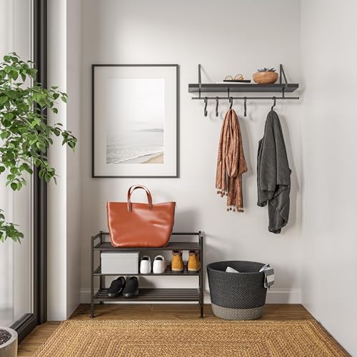 3-Tier Stackable 1" Slat Steel Frame Shoe Rack, 27.25"W x 12.75"D, Espresso | Interlocking modular design maximizes storage while the sturdy steel frame holds up to 12 pairs of shoes (Patented Design) - color: Espresso Slat, size: 3-Tier (NEW MODEL)