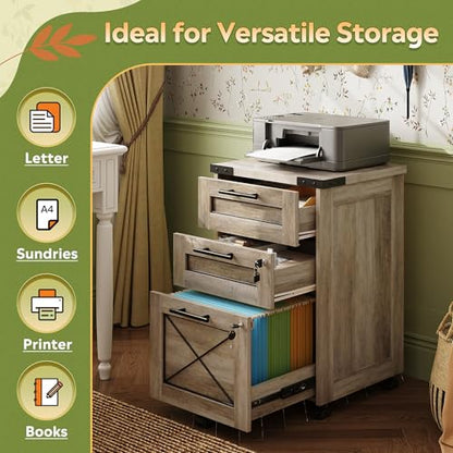 DEVAISE 3-Drawer File Cabinet with Hanging Files, Mobile Rolling Storage Cabinet for Home Office, Printer Stand, Farmhouse Style, Gray Oak - color: Gray Oak, style: 3 Drawer