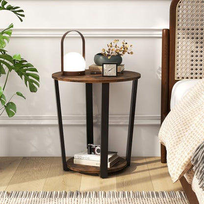 Giantex Round End Table, 2-Tier Side Sofa Table with Open Storage Shelf and Metal Frame, Industrial Nightstand Bedside Table for Living Room, Bedroom, Small Space, Accent Furniture, Rustic Brown - color: Rustic Brown