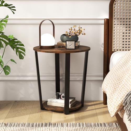 Giantex Round End Table Set of 2, 2-Tier Side Sofa Table with Open Storage Shelf and Metal Frame, Industrial Nightstand Bedside Table for Living Room, Bedroom, Accent Furniture, Rustic Brown - color: Rustic Brown
