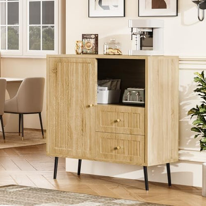 Wood Sideboard Cabinet - Side Board Buffet Cabinet with Storage, Accent Slim Credenza with Drawers and Door, Small Modern Coffee Bar Table for Kitchen, Dining Room, Entryway, Living Room - color: Natural