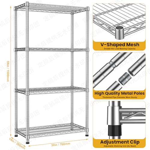 Heavy Duty Metal Wire Shelving Unit Industrial 4-Tier Garage Shelving Adjustable Storage Shelves Warehouse Storage Rack 2200LBS Standing Shelf for Pantry Laundry Kitchen Closet Utility14"Dx30"Wx59"H - size: 4-Tier-Silver[14"D x 29.9"W x 59"H]