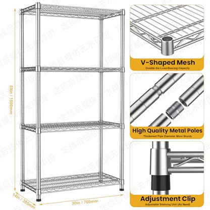 Heavy Duty Metal Wire Shelving Unit Industrial 4-Tier Garage Shelving Adjustable Storage Shelves Warehouse Storage Rack 2200LBS Standing Shelf for Pantry Laundry Kitchen Closet Utility14"Dx30"Wx59"H - size: 4-Tier-Silver[14"D x 29.9"W x 59"H]