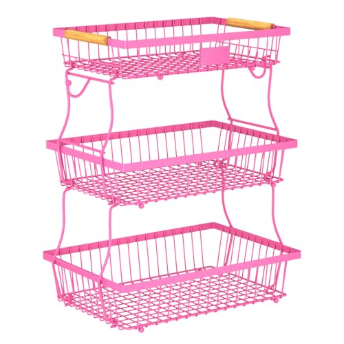 3 Tier Fruit Basket for Kitchen Counter with 2 Banana Hangers, Countertop Metal Fruit Bowl with Wooden Handle, Large Storage Stand for Vegetables, Snacks, Breads, Produce Storage – Rose Pink - color: Rose Pink, size: 3 Tier