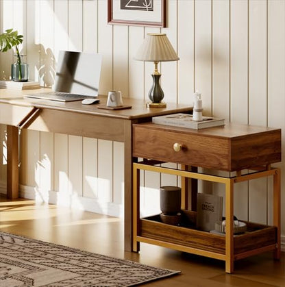 Night Stand Farmhouse Nightstand with Gold Metal Frame, Bedside Table with Drawer and Open Shelf, Sofa Side Table End Table for Bedroom, Living Room,Dark Walnut, 1 Pack - color: Dark Brown 22"