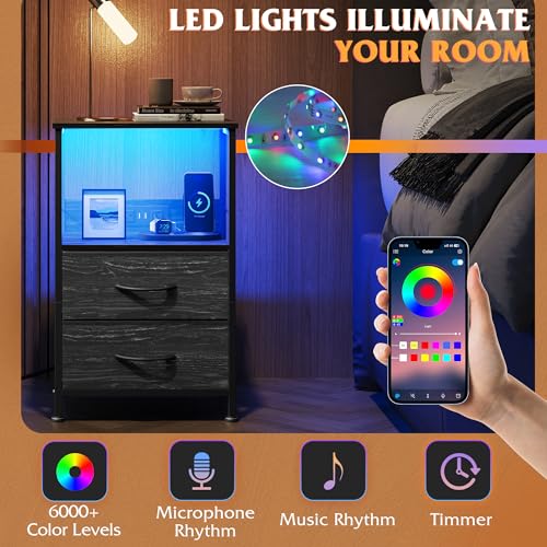 WLIVE Night Stand with Charger Station, LED Nightstand for Bedroom, Small Dresser with 2 Fabric Drawers for Small Spaces, Bed Side Table, Charcoal Black and Wood Grain Print - color: Charcoal Black