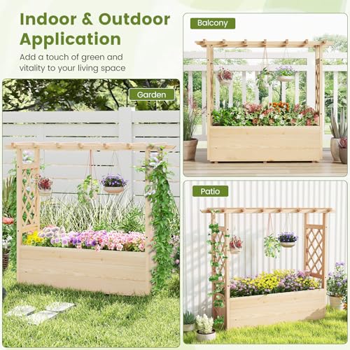 Giantex Raised Garden Bed with Sided Trellis & Hanging Roof, Wood Planter Box, Freestanding Garden Planter Raised Bed for Flowers Herbs Climbing Vines 45”x16”x41” (L x W x H) - color: Natural, size: 45”x16”x41”