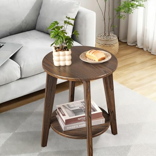 Small Round Side Table Wooden End Table with Lower Shelf Modern Nightstand Bedside Tables for Small Spaces, Living Room, Bedroom Rustic Brown - color: Rustic Brown