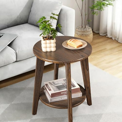 Small Round Side Table Wooden End Table with Lower Shelf Modern Nightstand Bedside Tables for Small Spaces, Living Room, Bedroom Rustic Brown - color: Rustic Brown