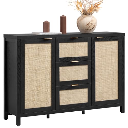 SICOTAS Rattan Sideboard Buffet Cabinet with 3 Drawers, Storage Cabinet | 52 Inch Farmhouse Boho Credenza Coffee Bar Cabinet with Large Storage, Console Table for Living Room, Kitchen - color: Black Oak, size: 1 Piece
