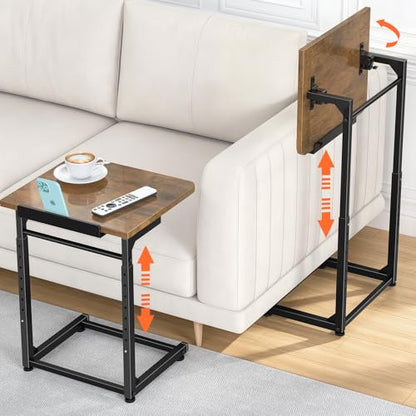 Tv Tray Table Set of 2, 8-Level Adjustable Height Couch Side Table，90° Tilt Angle Adjustments C-Shaped End Table, with Phone & Tablet Slot Sofa Computer Desk for Couch, Sofa, Bed, Chair, Living Room - color: Brown, size: 2 pcs