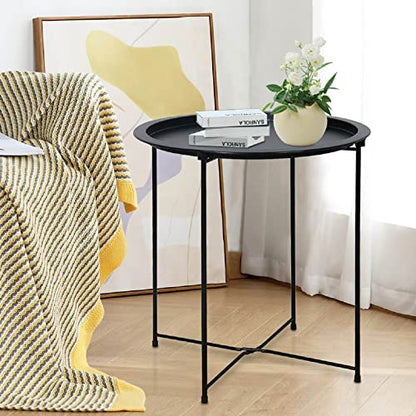 Garden 4 you End Table Metal Side Table Black Round Folding Tray Cyan Sofa Small Accent Fold-able Table, Round End Table Tray, Next to Sofa Table, Snack Table for Living Room and Bed Room - color: Black
