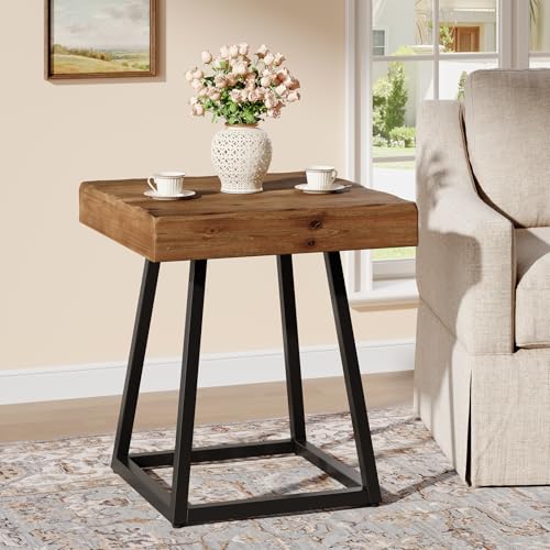 Solid Wood End Table, 19.7" Square Side Table with Metal Frame, Industrial Nightstand for Living Room, Bedroom, Small Spaces