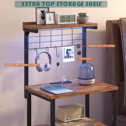 sthmec Tall Nightstands with Charging Station, LED Night Stand Bedsides with 2 Drawers Fabric, Hooks,USB Port and Open Storage Shelves,Tall End Table Bedside for Bedroom,Office, Rustic Brown - color: Rustic Brown, style: 2 Drawers