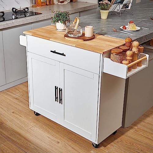 VEVOR Kitchen Island Cart with Solid Wood Top, 35.4" Width Mobile Carts with Storage Cabinet, Rolling Kitchen Table with Spice Rack, Towel Rack, Drop Leaf and Drawer, Portable Islands on Wheels, White - size: 35.4" W Drop Leaf, style: 1 Drawers & 2 Doors