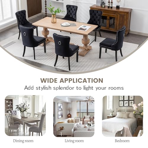 KCC Velvet Dining Chairs Set of 4, Upholstered High-end Tufted Dining Room Chair with Nailhead Back Ring Pull Trim Solid Wood Legs, Nikki Collection Modern Style for Kitchen, Black - color: Black, size: Set of 4