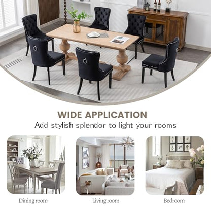KCC Velvet Dining Chairs Set of 6, Upholstered High-end Tufted Dining Room Chair with Nailhead Back Ring Pull Trim Solid Wood Legs, Nikki Collection Modern Style for Kitchen, Black - color: Black, size: Set of 6