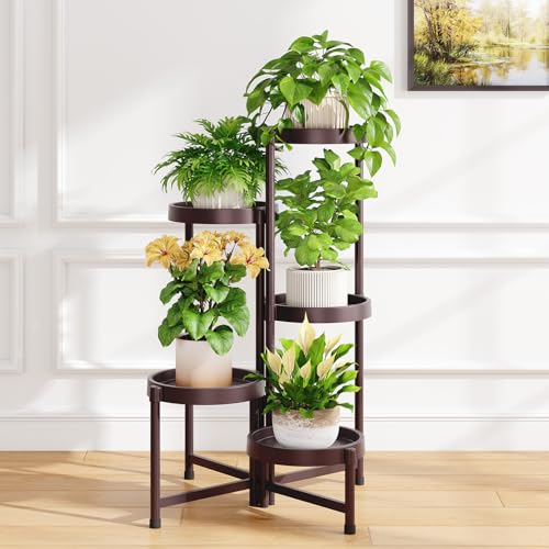 iDavosic.ly 5 Tier Folding Plant Stand Indoor Outdoor with Plastic Tray, Tiered Corner Flower Holder Shelf, Metal Orchid Display Rack for Patio Porch Living Room Garden Balcony, Bronze - color: Violet Bronze, size: 5 Tiers